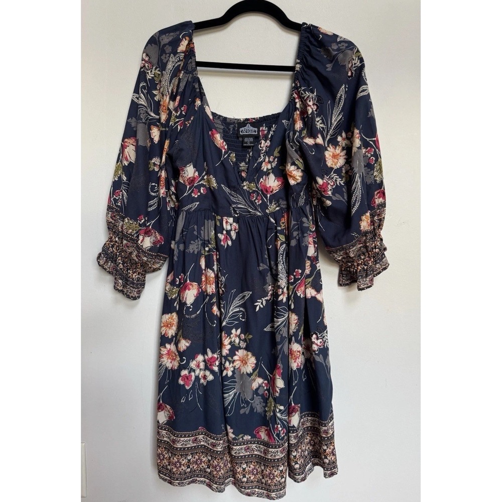 Boho Floral Babydoll Mini Dress L Navy Cottagecore Spring Festival Fairy - Picture 3 of 16